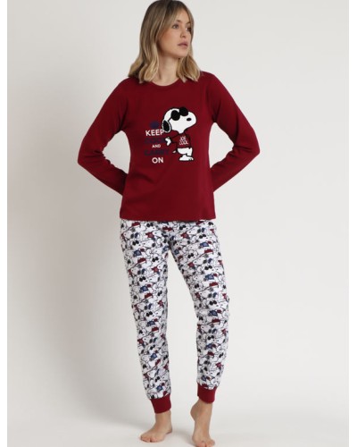 Pijama de mujer en color burdeos de algodón con diseño de Snoopy